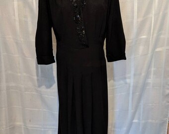 Beautiful Black Crepe Beaded 1940s Dress Sz M