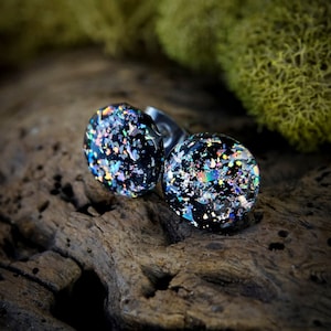 9mm // Shattered Holo Color Shifting Resin Galaxy Stud Earrings // Surgical Steel // Geometric Jewelry // Circle Earrings  // Discotek