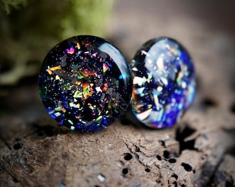 12mm // Blue Shattered Holo Color Shifting Resin Stud Earrings // Surgical Steel // Geometric Jewelry // Dot Earrings  // Galaxy