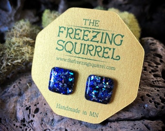 12mm // Bold Resin Surgical Steel Stud Earrings // Holographic // Geometric Studs // Square Earrings  // Galaxy