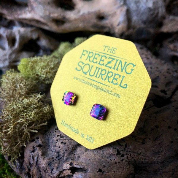 6mm // Blue Purple Color Shifting Holo Resin Galaxy Stud Earrings // Surgical Steel // Geometric Jewelry // Square Earrings  // Peacock