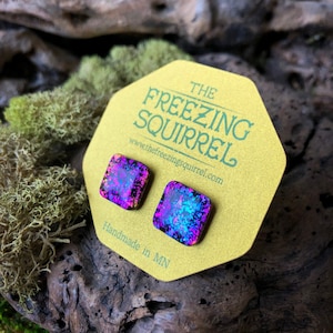 12mm // Blue Purple Color Shifting Holo Resin Galaxy Stud Earrings // Surgical Steel // Geometric Jewelry // Square Earrings  // Peacock