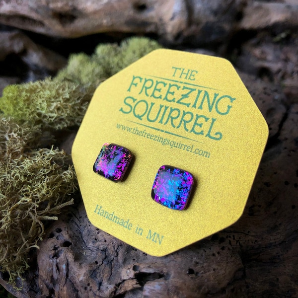 9mm // Blue Purple Color Shifting Holo Resin Galaxy Stud Earrings // Surgical Steel // Geometric Jewelry // Square Earrings  // Peacock
