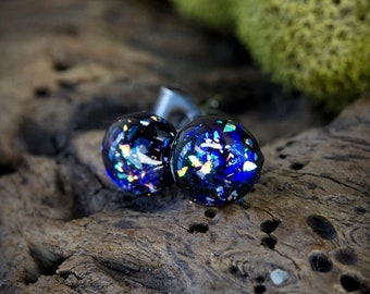 6mm // Blue Shattered Holo Color Shifting Resin Stud Earrings // Surgical Steel // Geometric Jewelry // Dot Earrings  // Galaxy