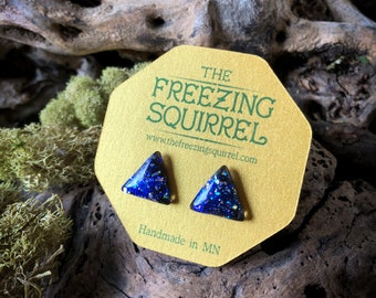 12mm // Blue Resin Surgical Steel Stud Earrings // Holographic // Geometric Studs // Triangle Earrings  // Galaxy