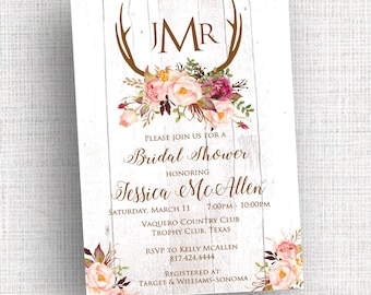 Bohemian Wedding, Rustic Shower Invitation, Rehearsal Dinner Invitation, Bridal Shower Invitation, Country, Boho Wedding, Antler Invitation