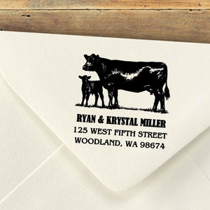 Aangepaste zelfinktende stempels, boerderijadresstempel, gepersonaliseerde stempel, retouradresstempel, Angus Cow and Calf-stempel