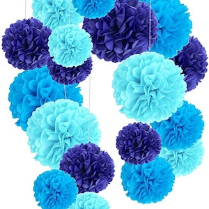May include: A set of blue and purple tissue paper pom-poms, perfect for decorating a party or event.