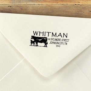 Aangepaste zelfinktende stempels, boerderijadresstempel, gepersonaliseerde stempel, retouradresstempel, Angus Cow and Calf-stempel