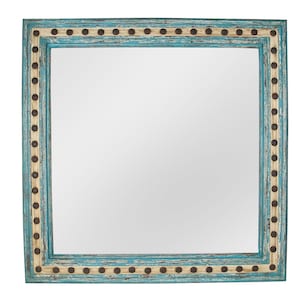 Highland Hills Mirror-Wood-Handmade-Rustic-Wall-Clavos-Primitive-Vanity Accent Mirror-Farmhouse-Distressed White-Turquoise-Loft-16 Sizes