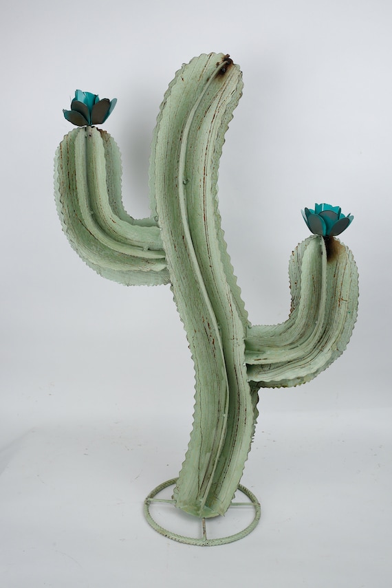 Blooming Cactus Green Metal Sculpture - Large