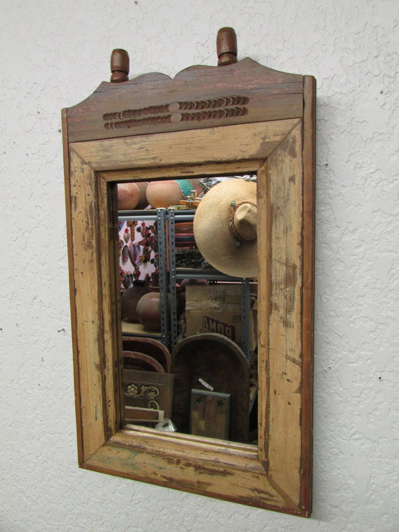Antique Old Door Carved Rustic Mirror Mexican 12 5x22 In Wood Wall Primitive Vintage Reclaimed Repurposed