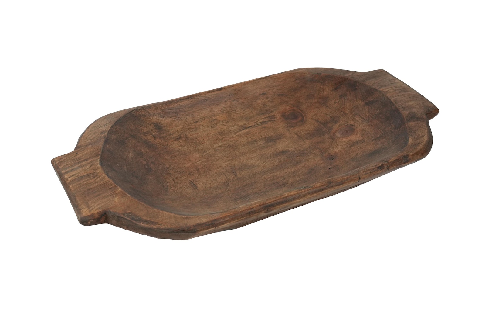 Rustic wooden dough bowl with handles for mixing or serving