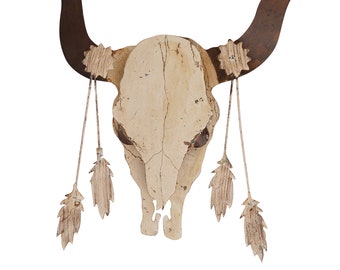 Longhorn Metal Skull-Rustic-Western-Wall-24x26 inches-NEW-Primitive-Distressed White-Longhorn Wall Skull with Arrows