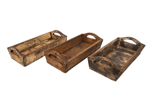 Kerrville Farmhouse Rustic Wood Tray With Handles-9x20x7 inch-Storage Trays-Farmhouse-Kitchen Decor-Primitive-Kerrville Tray-3 Color Choices