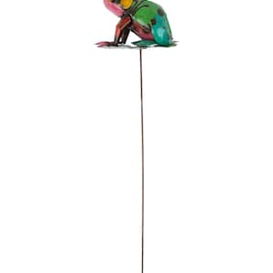 Frog on a Garden Stake-Recycled Metal Frog-Yard Art-8x28H inches-Metal-Colorful