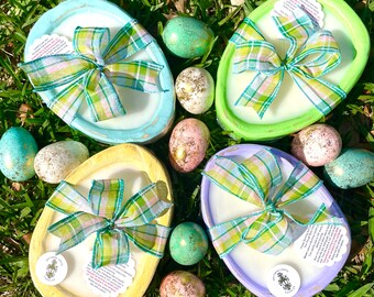 Easter Egg Dough Bowl-Original Design-6 x 8 x 2 inches-Wood-Candle Ready-Hand Carved Eggs-Spring Color Pack-4 Colors-12 Pieces