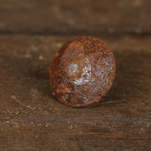 May include: A rusty metal nail with a round head.