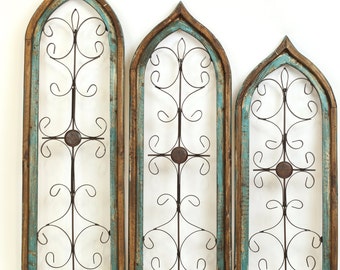 Architectural Distressed Turquoise Gothic Windows Set 3-Wall-Primitive-Rustic-Garden-Patio-Wall Decor-Farmhouse-Turquoise