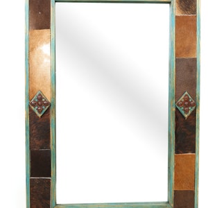 Big Horn Cowhide Mirror-Wood-Handmade-Rustic-Western-Accent Mirror-Wall-Clavos-Vanity Mirror-11 Sizes-Turquoise