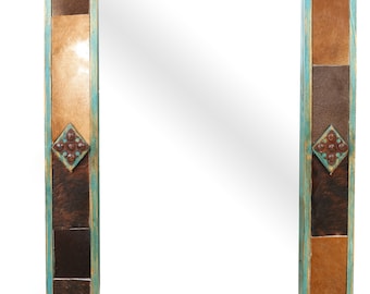 Big Horn Cowhide Mirror-Wood-Handmade-Rustic-Western-Accent Mirror-Wall-Clavos-Vanity Mirror-11 Sizes-Turquoise