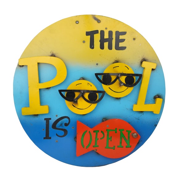 The Pool Is Open Recycled Metal Sign-24 inches-Art-Garden-Metal-Man Cave-Bar-Pool-Outdoor Metal sign-Colorful