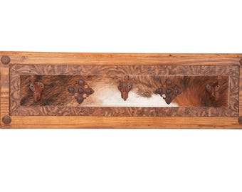 Big Ranch Hat Rack- Rustic -Wood-Western-Cowboy-Coat Rack-Cowhide-Leather-Tooled-26x8x4-Iron Medallions