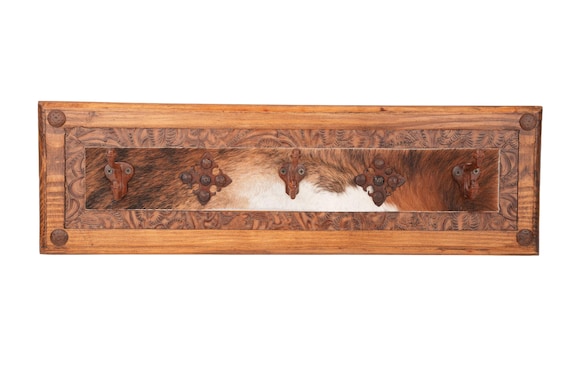Big Ranch Hat Rack- Rustic -Wood-Western-Cowboy-Coat Rack-Cowhide-Leather-Tooled-26x8x4-Iron Medallions