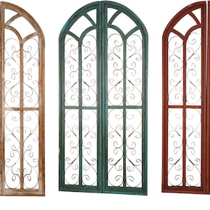 CLEARANCE-Saint Francis Wood & Iron Decorative Window-Farmhouse-Wall-Primitive-Garden-Patio-27x60-Distressed-Rustic-Five Colors-Pair