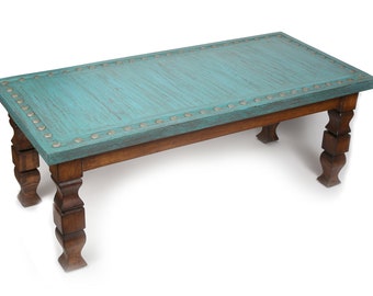 Silver Trails™ Turquoise Coffee Table-Western-Handcrafter-Vintage Look-Rustic-Silver Conchos-Clavos-Three Sizes