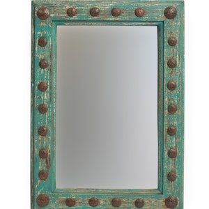 Mossy Creek Mirror-Wood-Handmade-Rustic-Wall-Clavos-Primitive-Vanity Accent Mirror-Farmhouse-Chic-Industrial Loft-Turquoise-17 Sizes