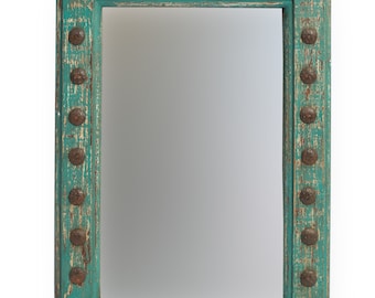 Mossy Creek Mirror-Wood-Handmade-Rustic-Wall-Clavos-Primitive-Vanity Accent Mirror-Farmhouse-Chic-Industrial Loft-Turquoise-17 Sizes