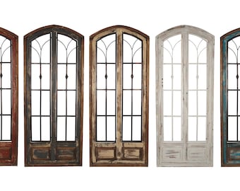May include: Set of five arched windowpane wall decor pieces in various distressed wood finishes, including red, brown, beige, white, and blue.