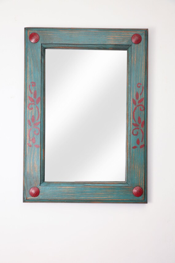 Turquoise And Red Rustic Mirror Wood Handmade Accent Red Rustic Mirror Wood Handmade Accent, Handmade Wooden Hand Mirrors