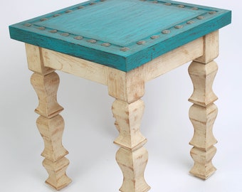 Turquoise Creek Western End Table-Western-Vintage Look-Rustic-Silver Conchos-Handmade-Wood-Gorgeous-Turquoise-Three Sizes