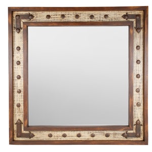 Desert Trails Mirror-Wood-Handmade-Rustic-Wall-Clavos-Primitive-Vanity Accent Mirror-Farmhouse-Distressed White-Brown-Loft-16 Sizes