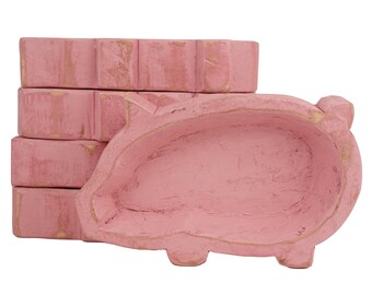 Overstocked-WH3--Pig Dough Bowl-New Design-Wood-Rustic-6 x 10 x 2 inches-Candle Ready-Farmhouse Pig Bowl-Pink