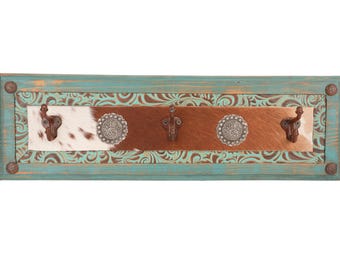 Ranch Cowhide Medallion Hat Rack-Rustic-Wood-Western-Cowboy-Coat Rack-Leather-Tooled-26x4x8H inches
