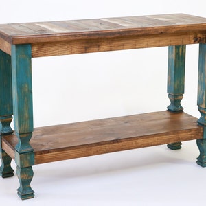 Reclaimed Wood Turquoise Sofa Table-Western-Vintage Look-Rustic-Repurposed-Turquoise Legs-Five Sizes