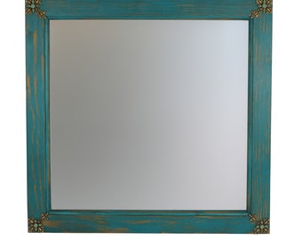 Concho Cross-Turquoise-Rustic Mirror-Wood-Mexican-Rustic-Accent Mirror-Powder Room Mirror-Primitive-Vanity-Assorted Sizes-Turquoise