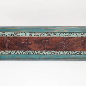 Turquoise Ranch Hat Rack- Rustic -Wood-Mexican-Western-Cowboy-Coat Rack-Cowhide-Leather-Tooled-26x8x4