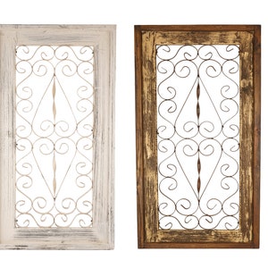 May include: Set of four decorative wall panels with a distressed wood frame and a metal scroll design. The panels are painted in various colors, including red, white, blue, and brown.
