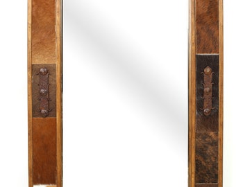 Cody Cowhide Mirror-Wood-Handmade-Rustic-Western-Accent Mirror-Wall-Clavos-Vanity Mirror-11 Sizes