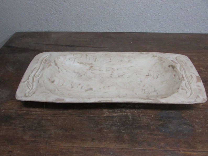 Carved Eurostyle Farmhouse Dough Bowl #22-Wood-Handmade-11x26x4 in.-Trencher-Primitive-Gorgeous-Antiqued White