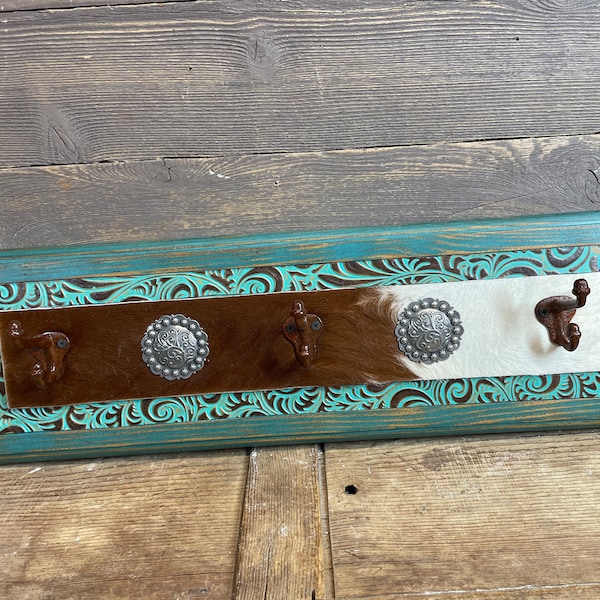 Ranch Cowhide Medallion Hat Rack- Rustic -Wood-Mexican-Western-Cowboy-Coat Rack-Cowhide-Leather-Tooled-26x8x4-Ranch Cowhide Medallion