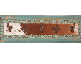 Turquoise Ranch Hat Rack- Rustic -Wood-Western-Cowboy-Coat Rack-Cowhide-Leather-Tooled-26x4x8H inches