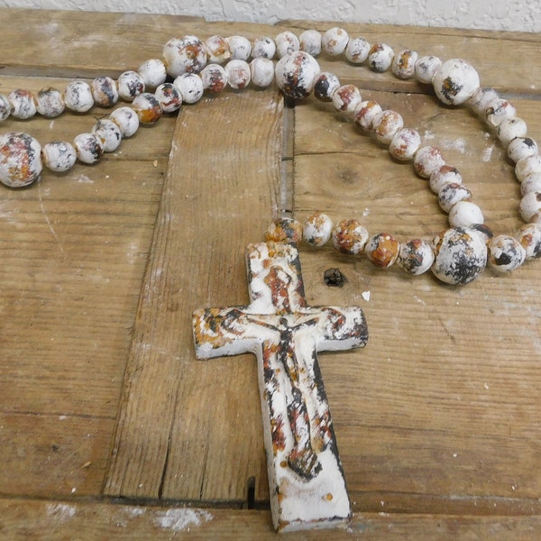 Great Buy-Clay Rosary-Beads-Handmade-26-29 inches-Farmhouse-Cross- Wall Decor-Primitive-Shabby White