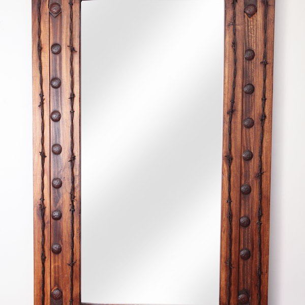 Rancho Adobe Mirror™ -Wood-Handmade-Rustic-Barbed Wire-Wall-Clavos-Primitive-Vanity Accent Mirror-Ranch-Western-17 Sizes