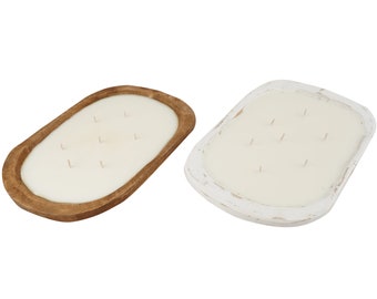 May include: Two wooden dough bowl candles, one in natural wood and one in white painted wood. Both candles have multiple wicks.