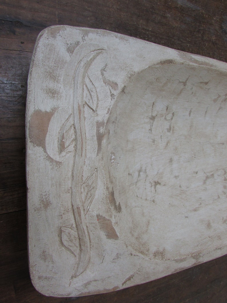 Carved Eurostyle Farmhouse Dough Bowl #22-Wood-Handmade-11x26x4 in.-Trencher-Primitive-Gorgeous-Antiqued White